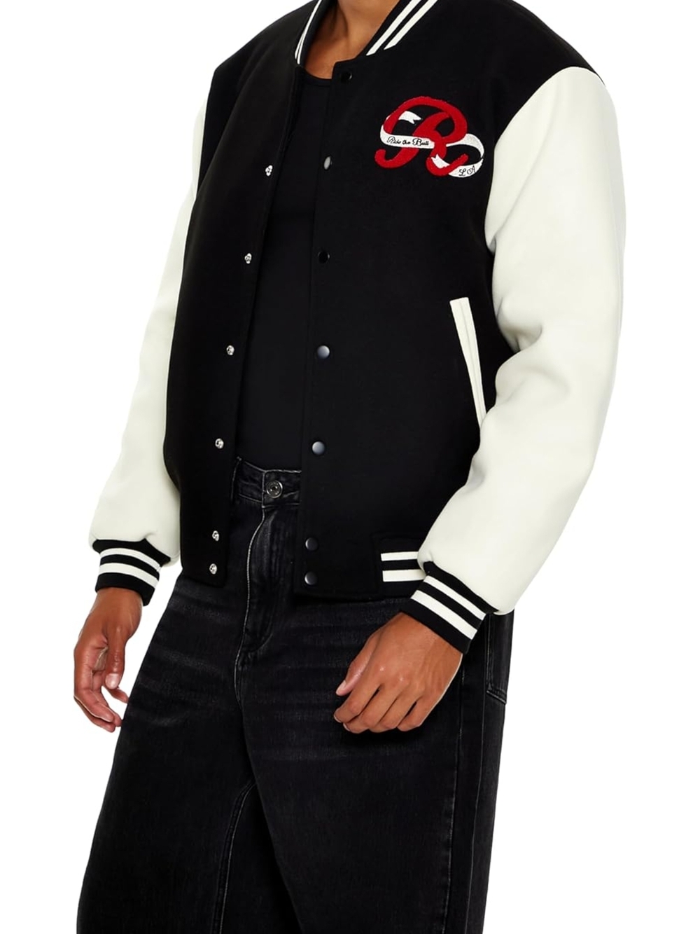 Forever 21 Black & White Varsity Bomber Jacket with Red Patch